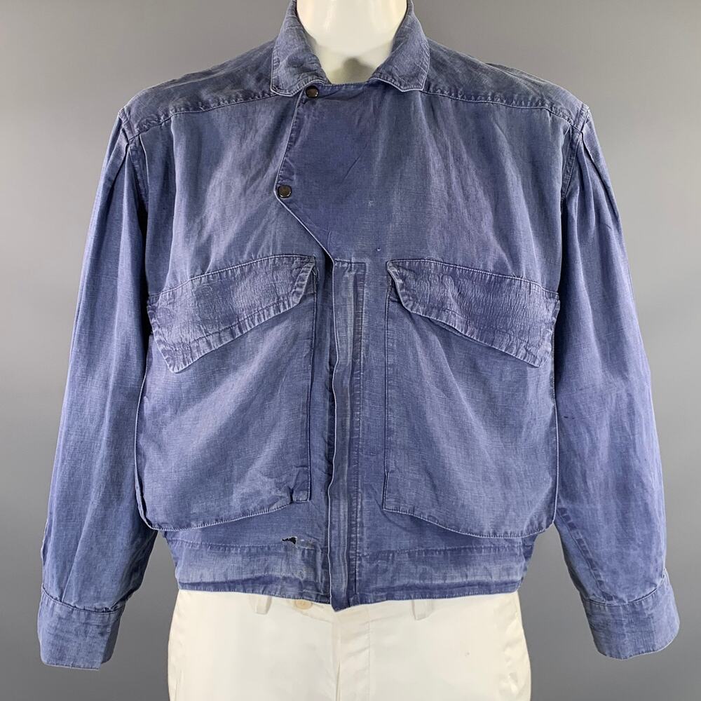 THIERRY MUGLER Size 40 Blue Distressed Linen Cropped Jacket